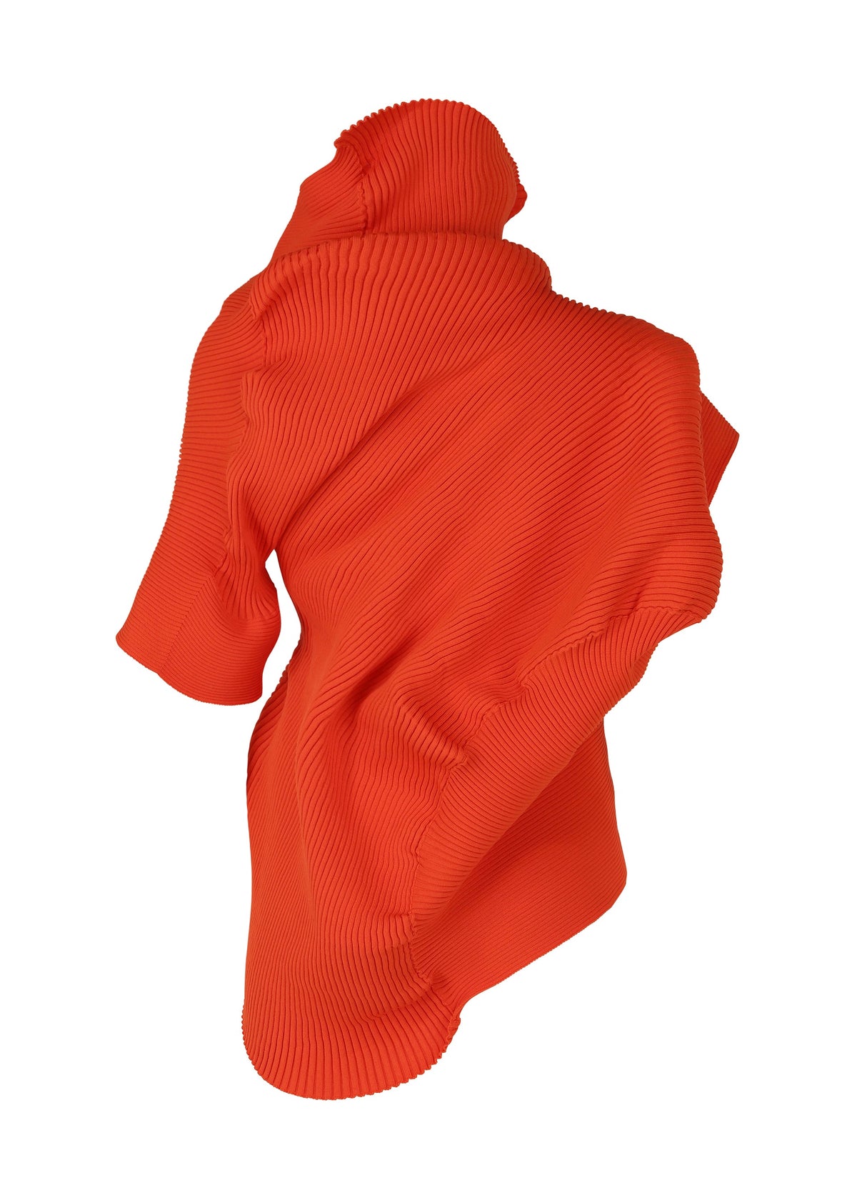 The LIFE FORM top by ISSEY MIYAKE features sculptural, abstract shapes in ribbed orange knit, draped and twisted for dynamic form. The piece stands upright on its own against a plain white background. view 4 of 7