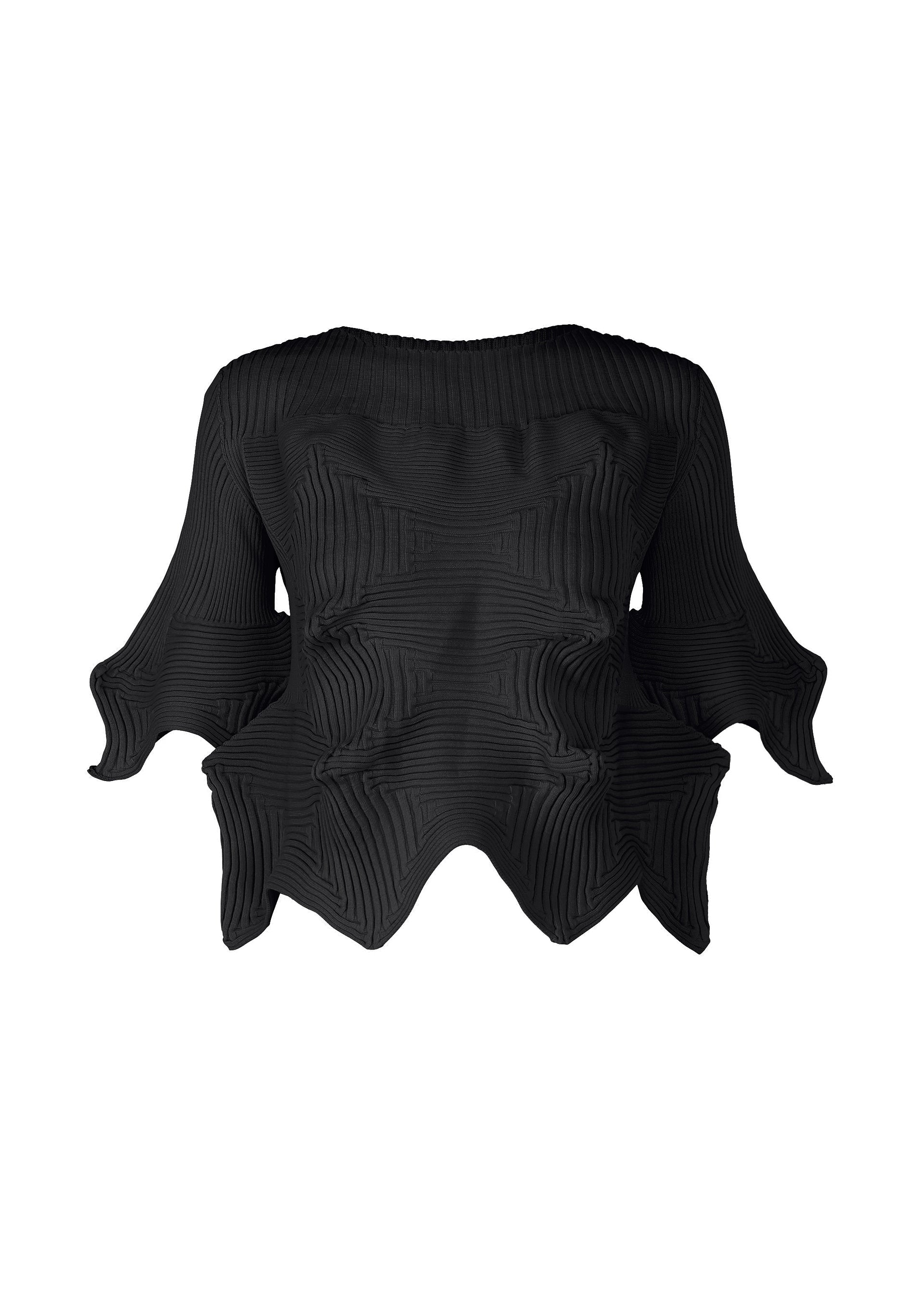 Zoomed view The LINKAGE top by ISSEY MIYAKE is a sculptural black piece crafted from recycled polyester, featuring a geometric textured pattern, flared mid-length sleeves, and distinctive pointed wavy edges on the hem and sleeves. - BLACK （no.15）