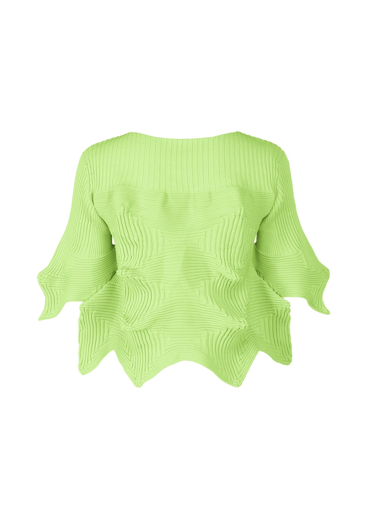 The LINKAGE blouse by ISSEY MIYAKE is lime green with three-quarter sleeves, ribbed details, geometric pleats, a sculptural wavy hemline, and a unique silhouette, all crafted from recycled polyester. view 2 of 5