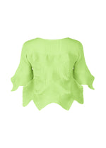 The LINKAGE blouse by ISSEY MIYAKE is lime green with three-quarter sleeves, ribbed details, geometric pleats, a sculptural wavy hemline, and a unique silhouette, all crafted from recycled polyester.