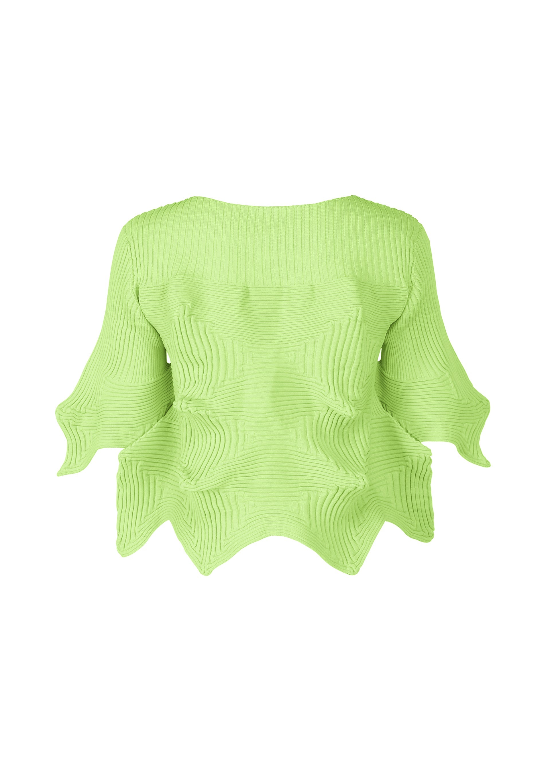 Zoomed view The LINKAGE blouse by ISSEY MIYAKE is lime green with three-quarter sleeves, ribbed details, geometric pleats, a sculptural wavy hemline, and a unique silhouette, all crafted from recycled polyester.