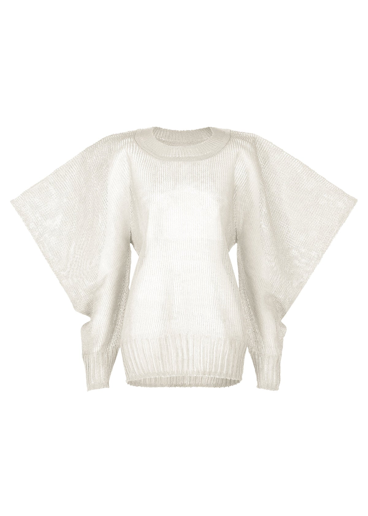 The CIALDA sweater by ISSEY MIYAKE features a voluminous white silhouette with exaggerated, wing-like sleeves and ribbed crew neck, hem, and cuffs, shown against a plain white background. view 1 of 10