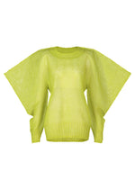 The CIALDA sweater by ISSEY MIYAKE is a bright yellow-green piece with a voluminous silhouette, oversized batwing sleeves, and ribbed cuffs, hem, and collar, shown against a white background. - GREEN （no.62）