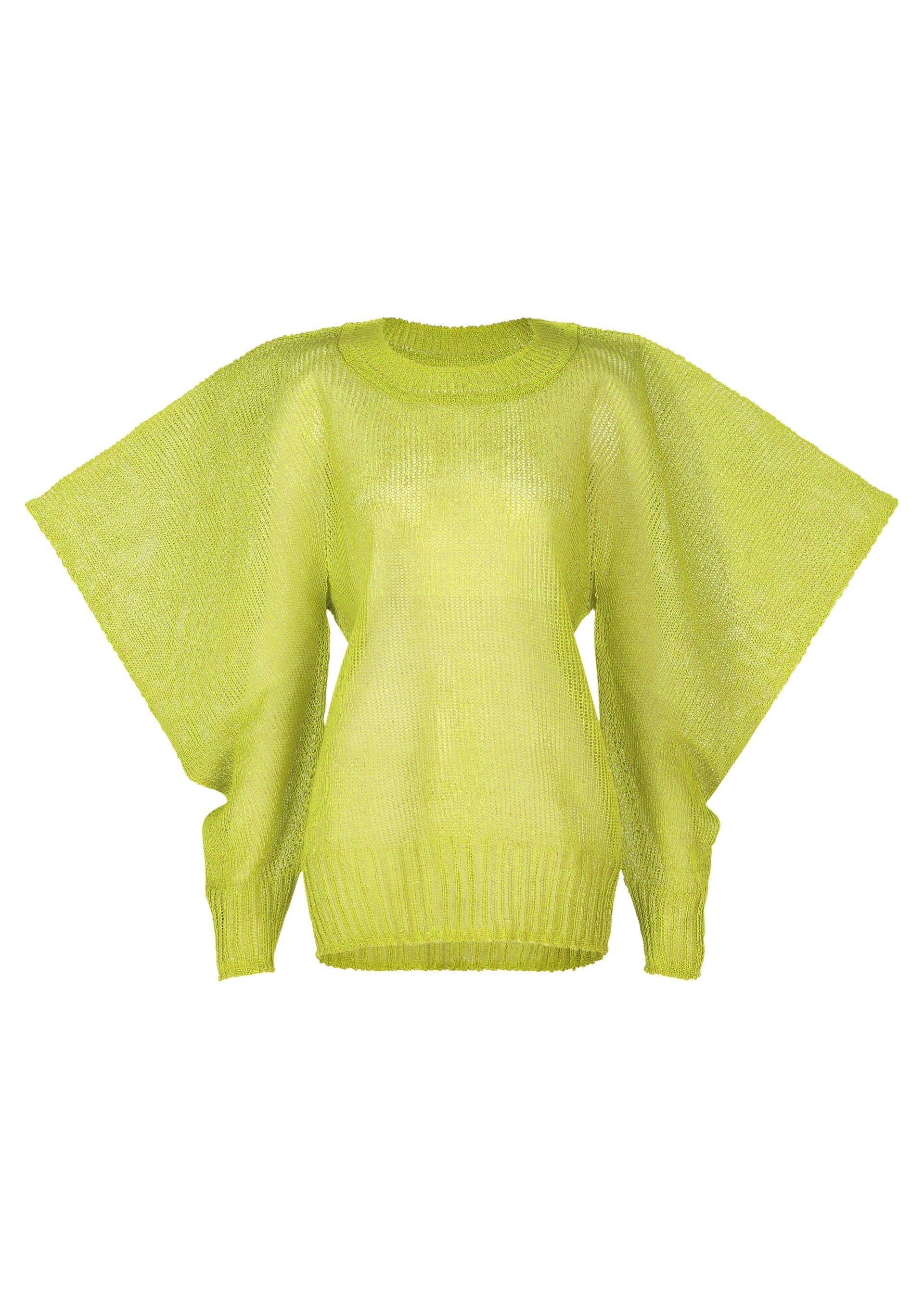 Zoomed view The CIALDA sweater by ISSEY MIYAKE is a bright yellow-green piece with a voluminous silhouette, oversized batwing sleeves, and ribbed cuffs, hem, and collar, shown against a white background. - GREEN （no.62）