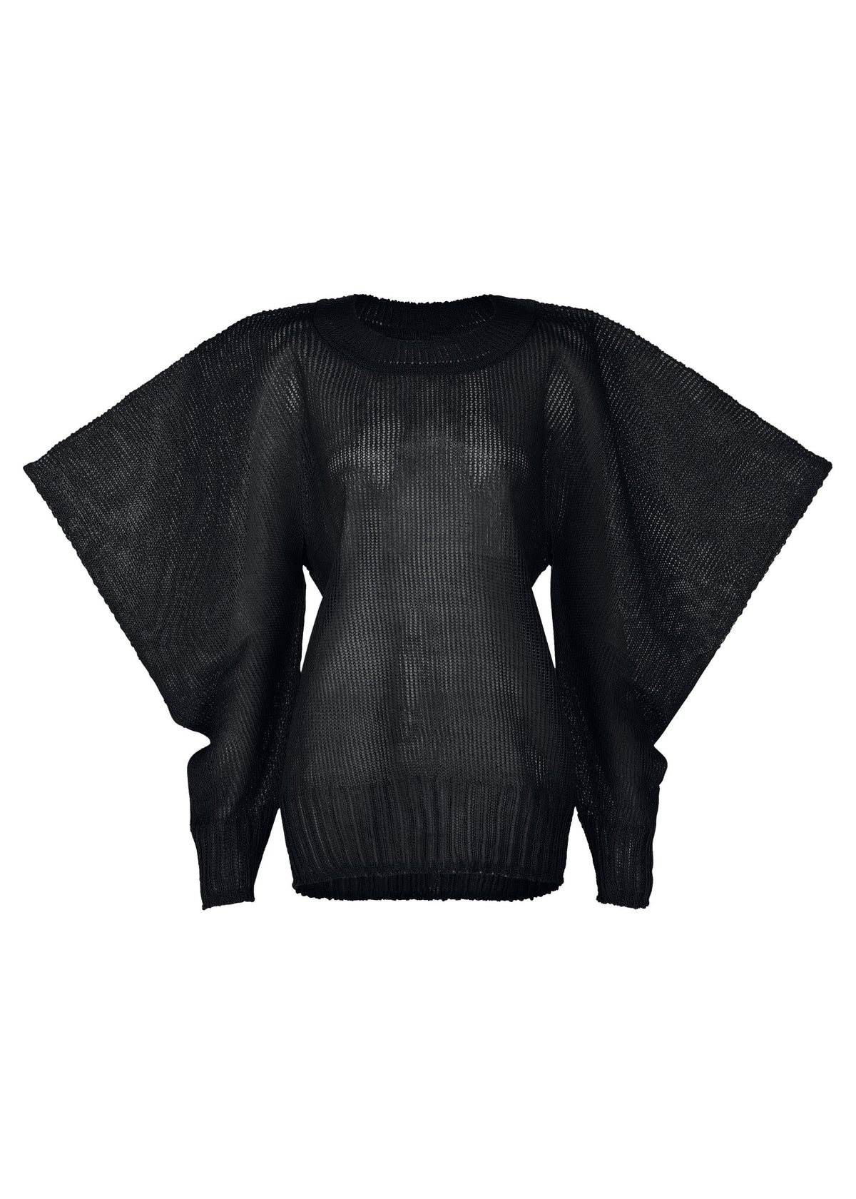 The ISSEY MIYAKE CIALDA is a black, semi-sheer mesh-knit top with ribbed texture, dramatic wide winged sleeves, and a round neckline, shown against a plain white background. view 3 of 10