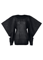 The ISSEY MIYAKE CIALDA is a black, semi-sheer mesh-knit top with ribbed texture, dramatic wide winged sleeves, and a round neckline, shown against a plain white background. - DARK NAVY （no.78）