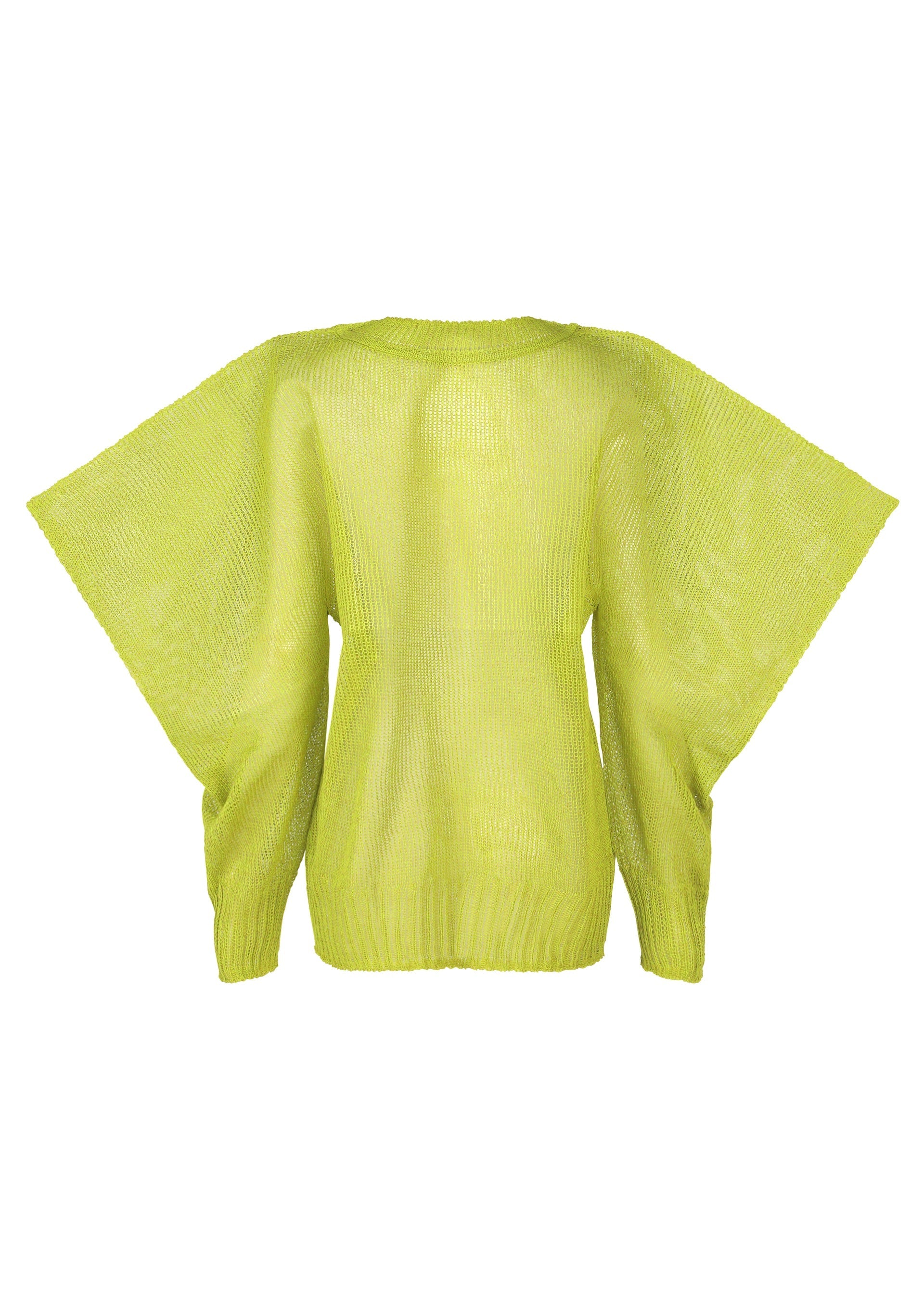 Zoomed view The ISSEY MIYAKE CIALDA is a vibrant yellow-green mesh-knit top with wide batwing sleeves and a voluminous shape, displayed from the back on a white background.