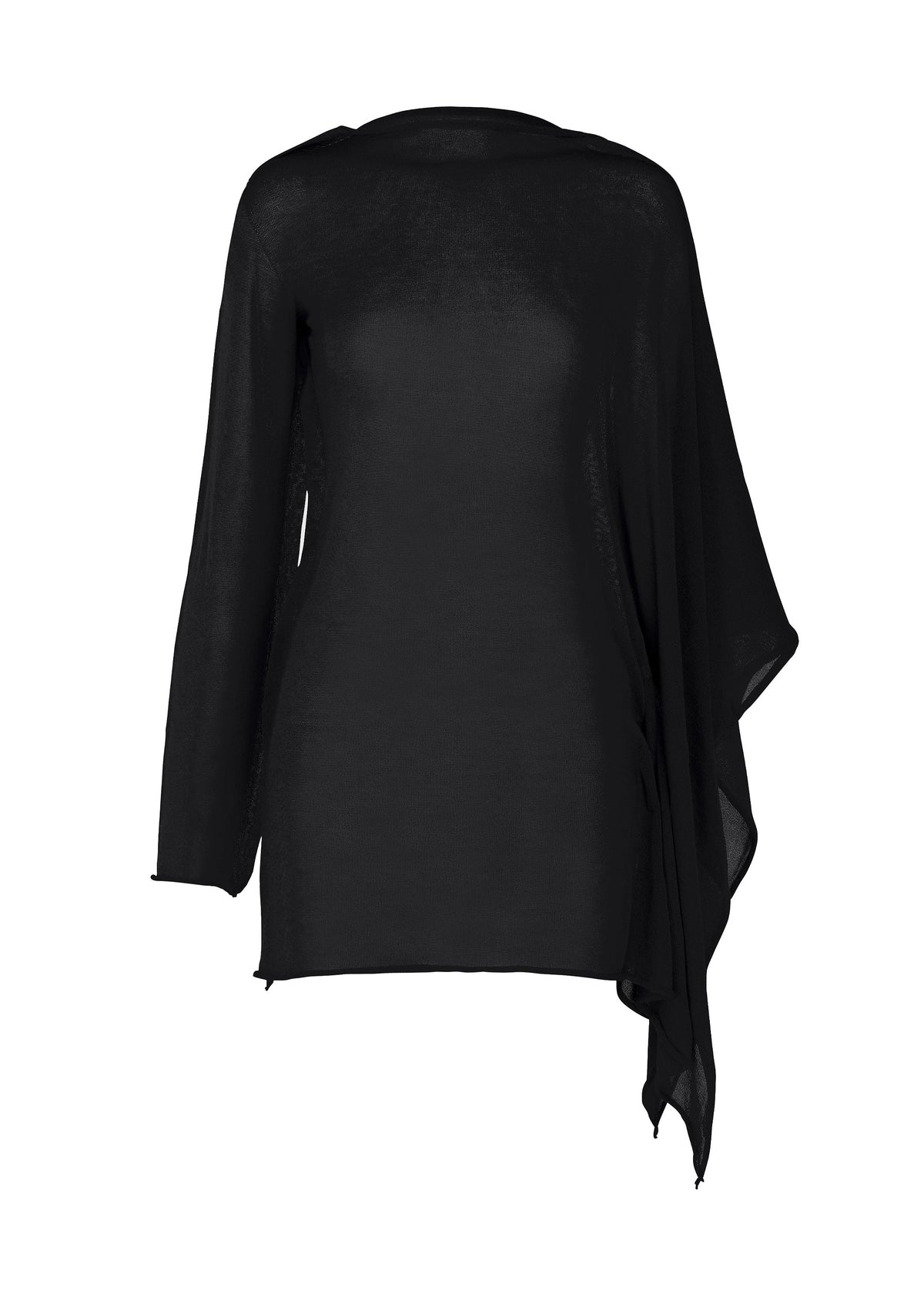 The CONCEALED KNIT by ISSEY MIYAKE is a black, long-sleeved lyocell top with an asymmetrical draped hem. Its lightweight, slightly sheer fabric brings modern elegance to this unique knitwear piece. view 1 of 6