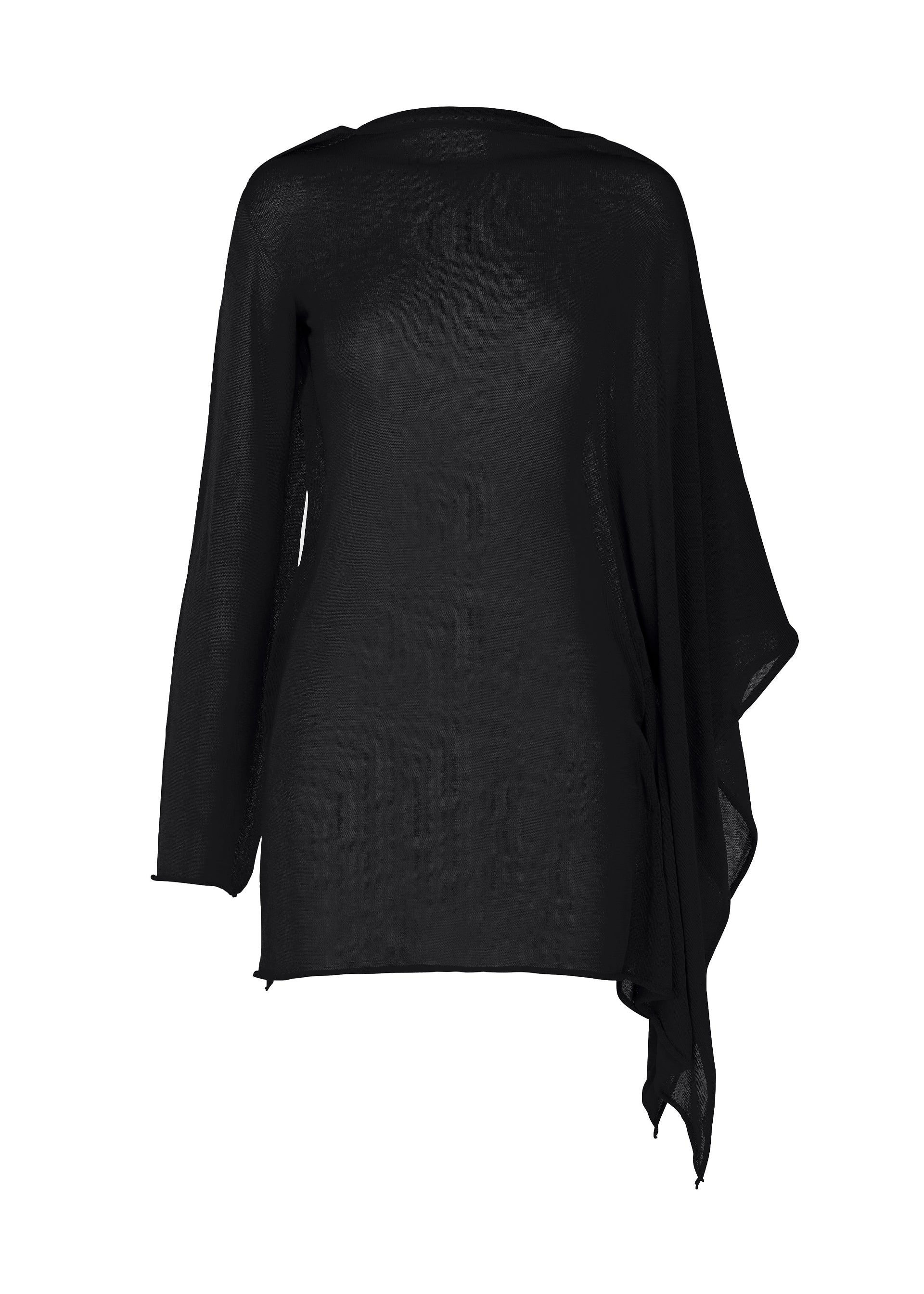 Zoomed view The CONCEALED KNIT by ISSEY MIYAKE is a black, long-sleeved lyocell top with an asymmetrical draped hem. Its lightweight, slightly sheer fabric brings modern elegance to this unique knitwear piece. - BLACK （no.15）
