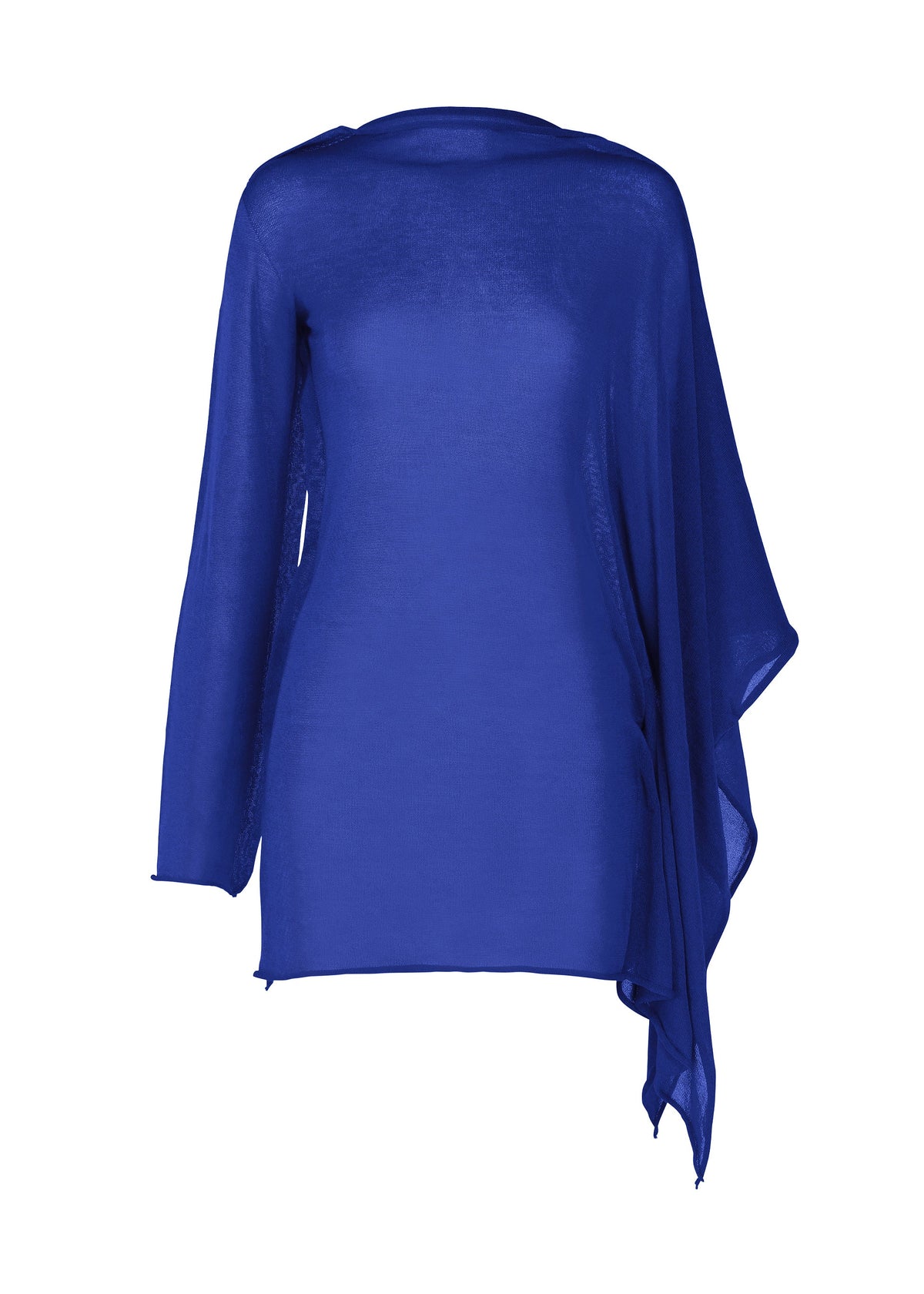 The ISSEY MIYAKE CONCEALED KNIT is a royal blue, long-sleeve sheer tunic in sparkly nylon with an asymmetrical hem and draped side detail, shown against a plain white background. view 2 of 6
