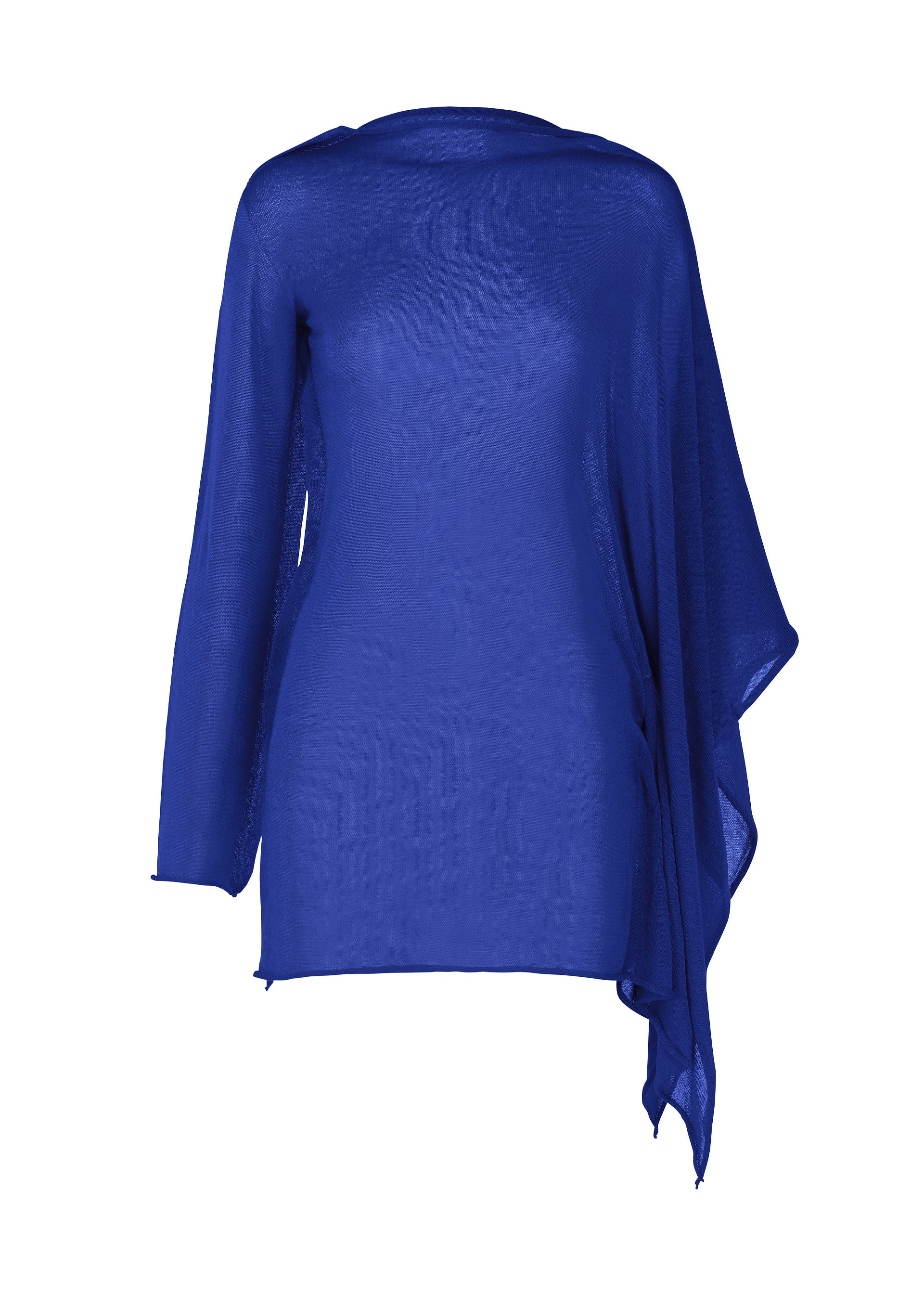 Zoomed view The ISSEY MIYAKE CONCEALED KNIT is a royal blue, long-sleeve sheer tunic in sparkly nylon with an asymmetrical hem and draped side detail, shown against a plain white background. - STARLING BLUE （no.74）