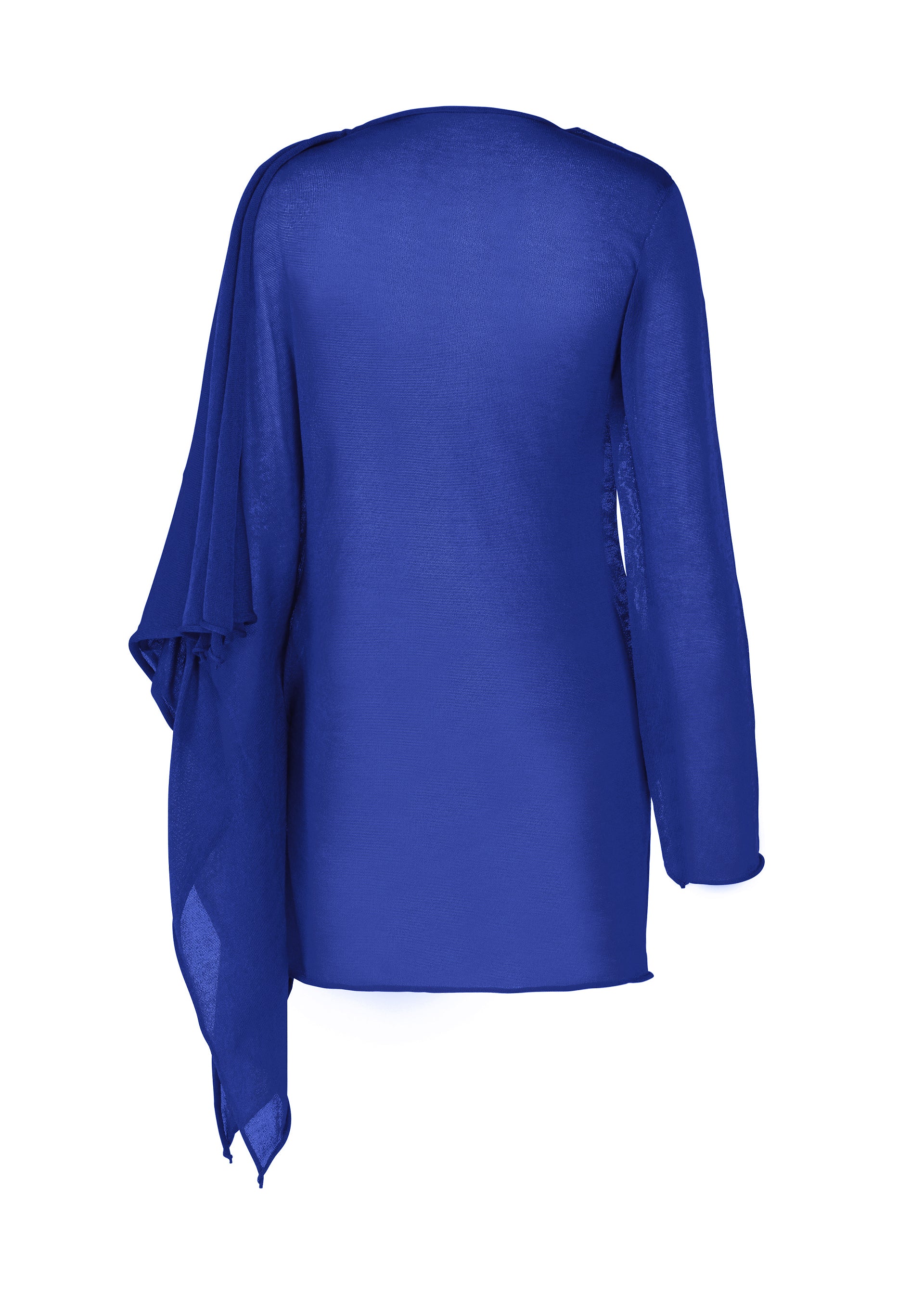 Zoomed view The ISSEY MIYAKE CONCEALED KNIT is a royal blue lyocell long-sleeve top with an asymmetrical draped detail from the left shoulder to hem, shown from the back against a white background.