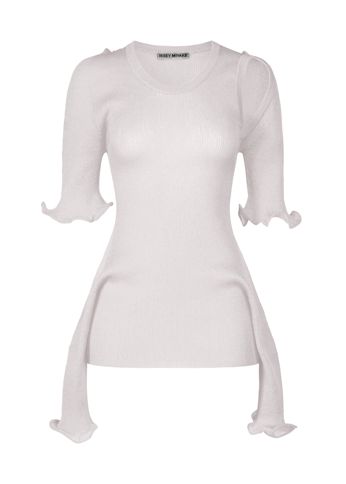 The ADVENTITIOUS：SLEEVES by ISSEY MIYAKE is a fitted, light pink knit top featuring short sleeves and wavy ruffle hems. Made with non-sewn knitting, its asymmetric flared extensions create a versatile, sculptural look. view 1 of 10