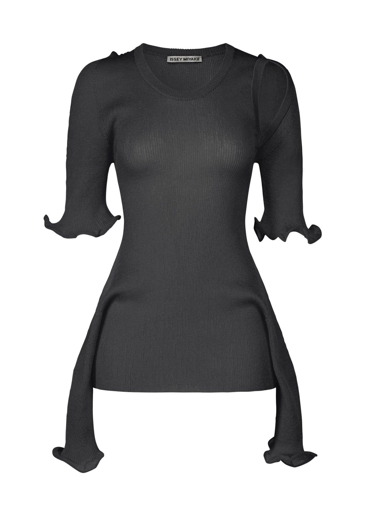 The ADVENTITIOUS：SLEEVES by ISSEY MIYAKE is a black, ribbed fitted knit top with a high crew neck, short sleeves, and asymmetric wavy hems. Crafted with non-sewn knitting techniques for versatile styling. view 2 of 10