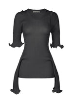 The ADVENTITIOUS：SLEEVES by ISSEY MIYAKE is a black, ribbed fitted knit top with a high crew neck, short sleeves, and asymmetric wavy hems. Crafted with non-sewn knitting techniques for versatile styling. - CHARCOAL （no.14）