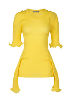 The ISSEY MIYAKE ADVENTITIOUS：SLEEVES is a bright yellow ribbed knit top with ruffled sleeve and hem edges, asymmetric cuts, non-sewn construction, and a fitted silhouette for versatile styling. - PARAKEET YELLOW （no.50）