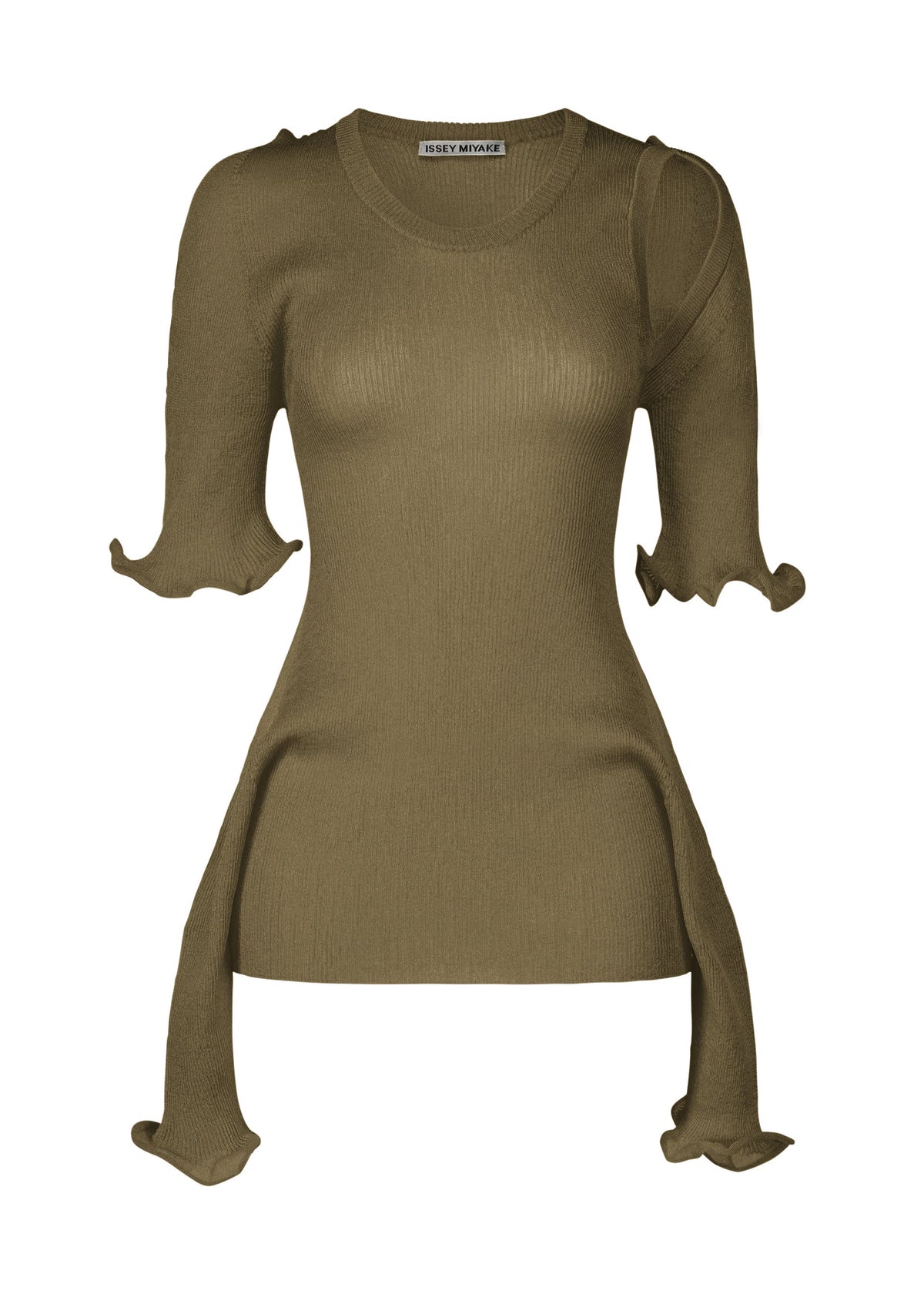 ISSEY MIYAKE’s ADVENTITIOUS：SLEEVES is an olive green ribbed knit top with a fitted bodice, round neckline, and sculptural flared ruffled sleeves and sides for a versatile asymmetrical silhouette. view 4 of 10