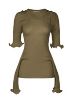ISSEY MIYAKE’s ADVENTITIOUS：SLEEVES is an olive green ribbed knit top with a fitted bodice, round neckline, and sculptural flared ruffled sleeves and sides for a versatile asymmetrical silhouette. - KHAKI （no.65）