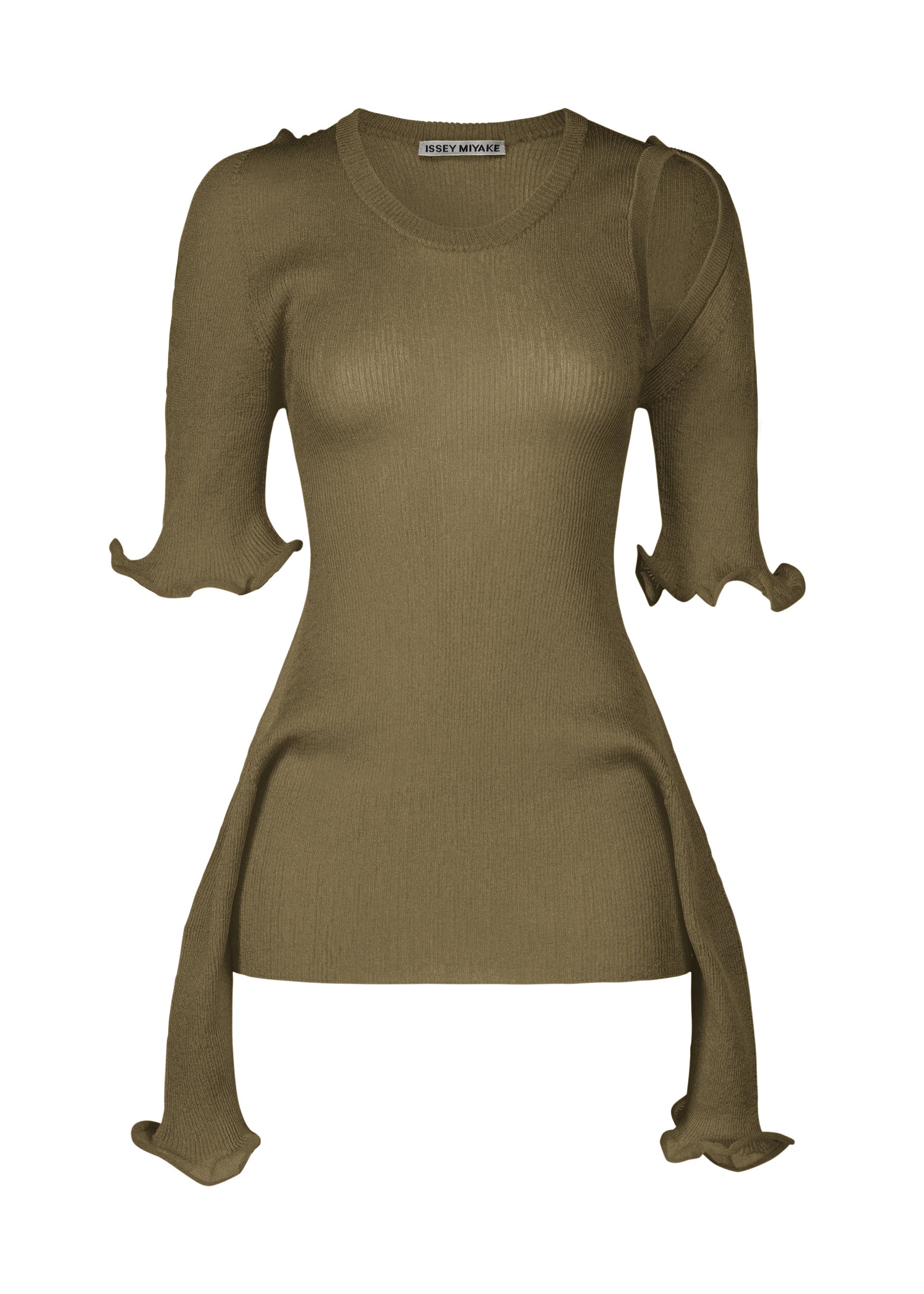 Zoomed view ISSEY MIYAKE’s ADVENTITIOUS：SLEEVES is an olive green ribbed knit top with a fitted bodice, round neckline, and sculptural flared ruffled sleeves and sides for a versatile asymmetrical silhouette. - KHAKI （no.65）