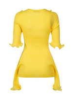 The ADVENTITIOUS：SLEEVES top by ISSEY MIYAKE is a bright yellow, fitted knit with elbow-length sleeves, ruffled edges, side slits, and an asymmetric one-shoulder cutout—perfect for versatile styling on any occasion.