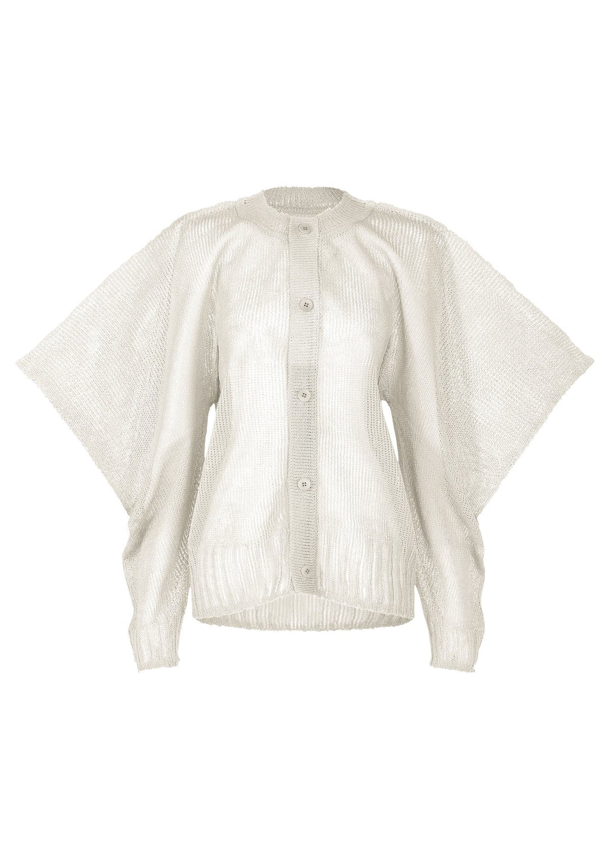 The CIALDA cardigan by ISSEY MIYAKE is a light, metallic silver knit with a round neckline, wide batwing sleeves, and ribbed cuffs and hem. Its medium-gauge mesh-like texture is shown against a white background. view 1 of 9