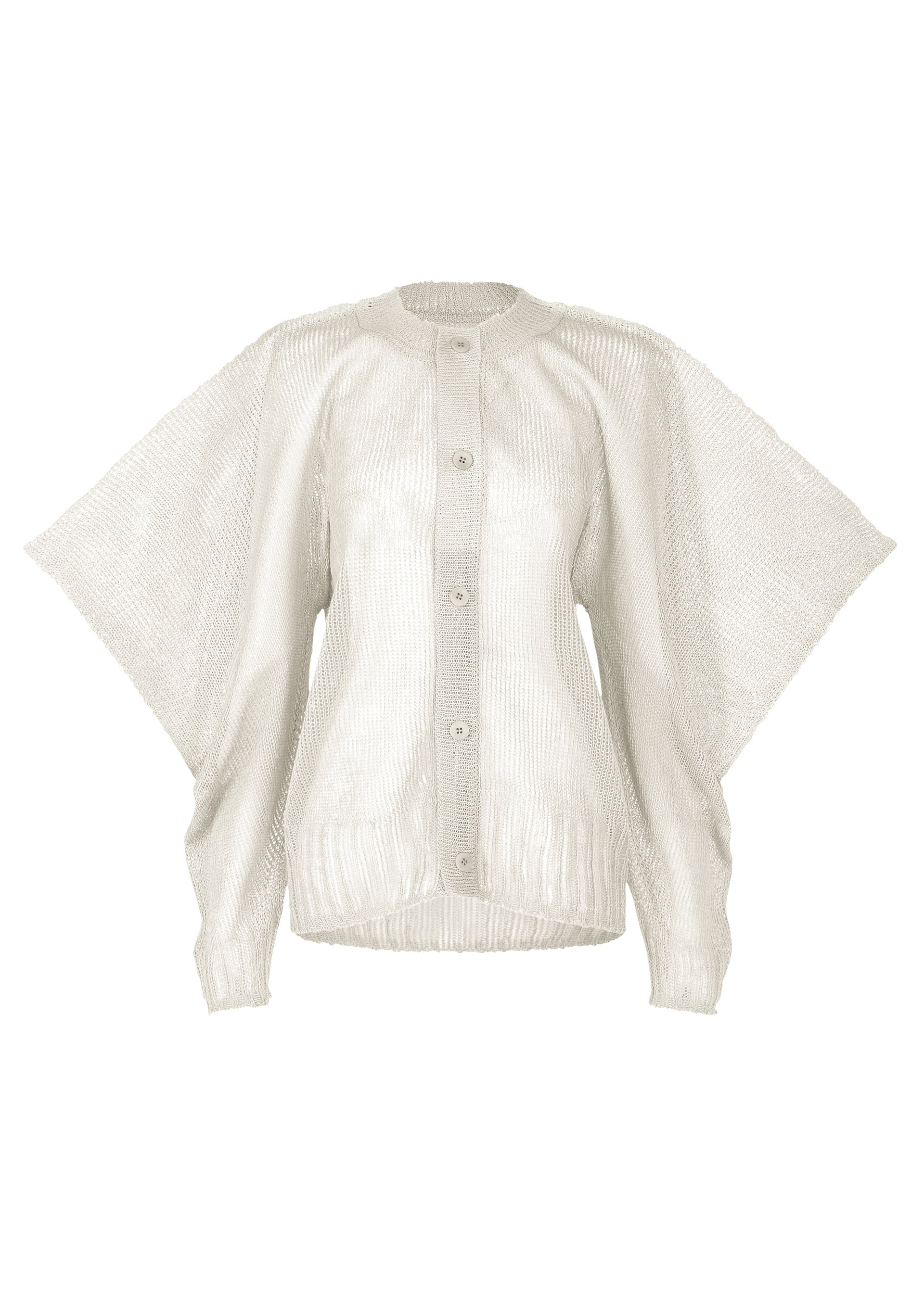 Zoomed view The CIALDA cardigan by ISSEY MIYAKE is a light, metallic silver knit with a round neckline, wide batwing sleeves, and ribbed cuffs and hem. Its medium-gauge mesh-like texture is shown against a white background. - LIGHT GRAY （no.11）