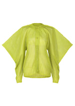 The ISSEY MIYAKE CIALDA is a bright yellow-green button-up blouse with a round neckline, long sleeves, and wide mesh-like panels extending from the shoulders to the cuffs. - GREEN （no.62）
