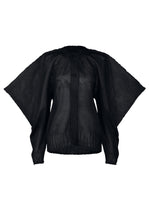 The CIALDA by ISSEY MIYAKE is a black button-up knit cardigan featuring wide 3/4 batwing sleeves, a textured mesh-like finish, and ribbed hem and cuffs for a fitted look. - DARK NAVY （no.78）