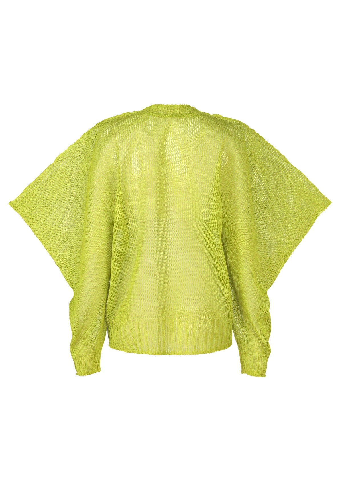 The CIALDA cardigan by ISSEY MIYAKE is a loose-fit, bright yellow-green knit with wide batwing sleeves, ribbed hem, and mesh-like texture, shown from the back against a white background. view 4 of 9