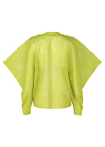 The CIALDA cardigan by ISSEY MIYAKE is a loose-fit, bright yellow-green knit with wide batwing sleeves, ribbed hem, and mesh-like texture, shown from the back against a white background.