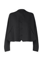 The CAMPAGNE jacket by ISSEY MIYAKE is a black, long-sleeve cropped piece featuring an asymmetrical front, large black buttons, and distinctive zigzag stitching along the sleeves and hem. Crafted from a stretchy fabric evocative of an A-POC cardigan, this minimalist design is free from visible branding or embellishment. - BLACK （no.15）