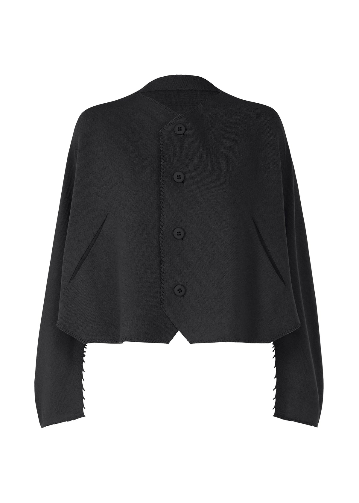 Zoomed view The CAMPAGNE jacket by ISSEY MIYAKE is a black, long-sleeve cropped piece featuring an asymmetrical front, large black buttons, and distinctive zigzag stitching along the sleeves and hem. Crafted from a stretchy fabric evocative of an A-POC cardigan, this minimalist design is free from visible branding or embellishment. - BLACK （no.15）