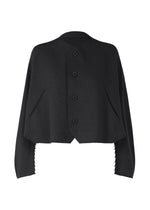 The ISSEY MIYAKE CAMPAGNE is a black, long-sleeve cropped cardigan with four large front buttons, angled hems, and visible zigzag stitching on the cuffs and bottom edges. - BLACK （no.15）