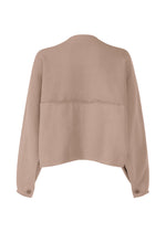 The CAMPAGNE jacket by ISSEY MIYAKE features a beige, long-sleeve, loose fit crafted from stretchy material, with a seam across the upper back and buttoned cuffs shown from the back view.