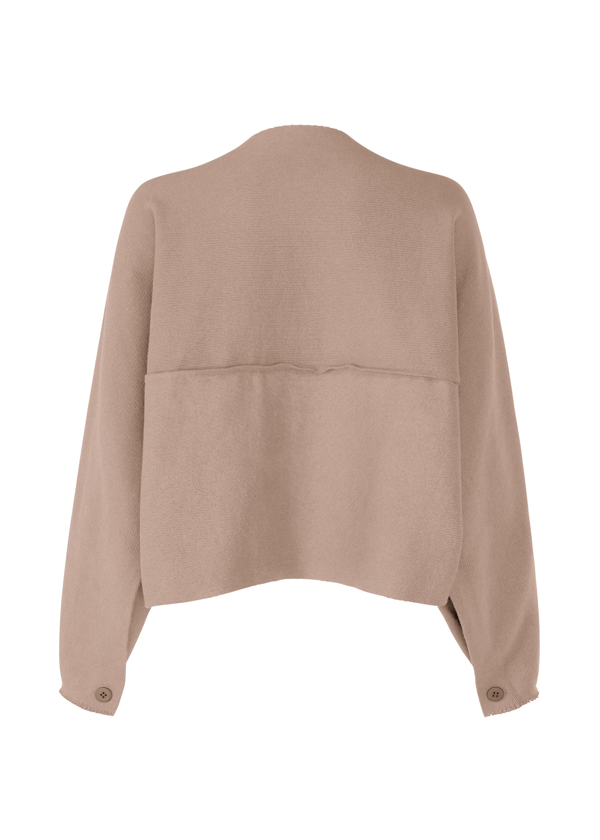 Zoomed view Back view of the ISSEY MIYAKE CAMPAGNE cardigan in beige, featuring dropped shoulders, a horizontal upper-back seam, and buttoned cuffs. Its loose fit and soft, unstructured fabric make it ideal for effortless layering.