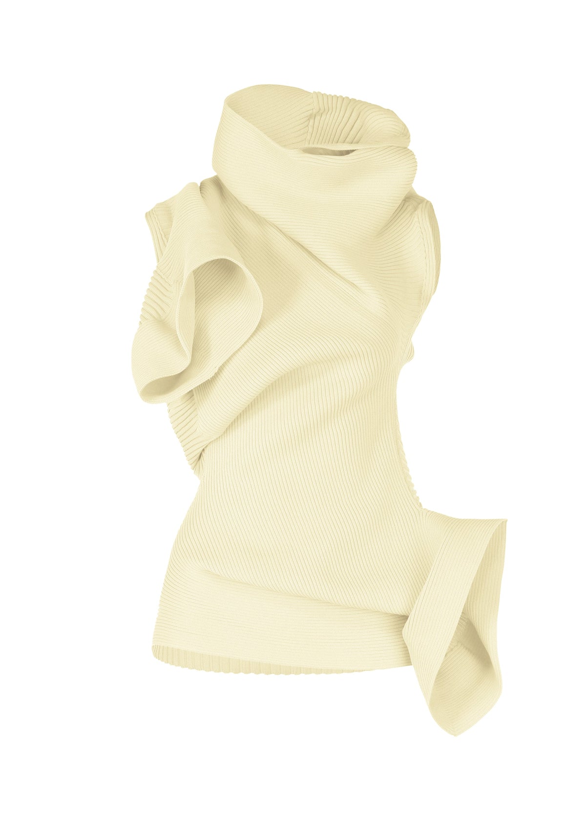 LIFE FORM by ISSEY MIYAKE is a cream sleeveless knit tunic in recycled polyester, showcasing an asymmetrical organic shape with ribbed texture and sculptural draped, curled, and folded details at the neckline and hem. view 1 of 7