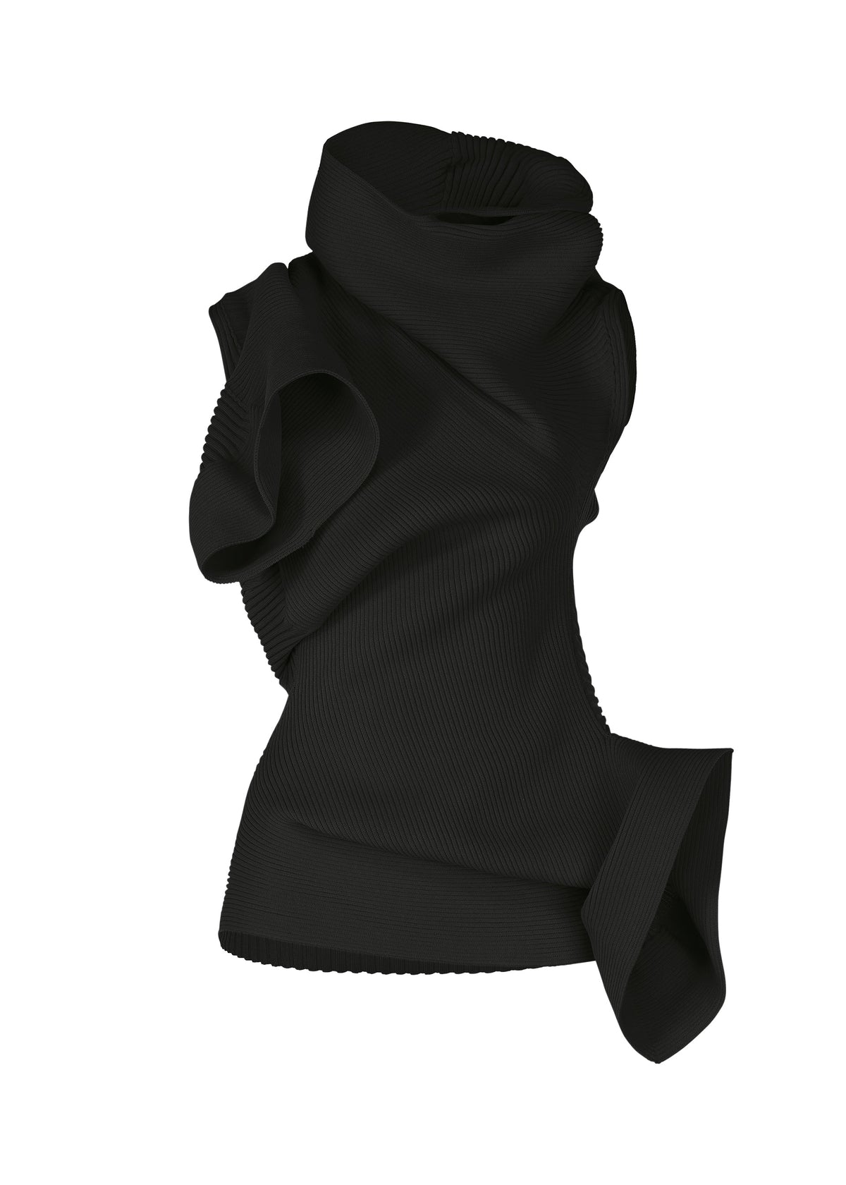 ISSEY MIYAKE's LIFE FORM is a black, sleeveless top with a high draped neckline and dramatic asymmetrical ruffles in recycled polyester, featuring textured fabric for an avant-garde silhouette. view 2 of 7