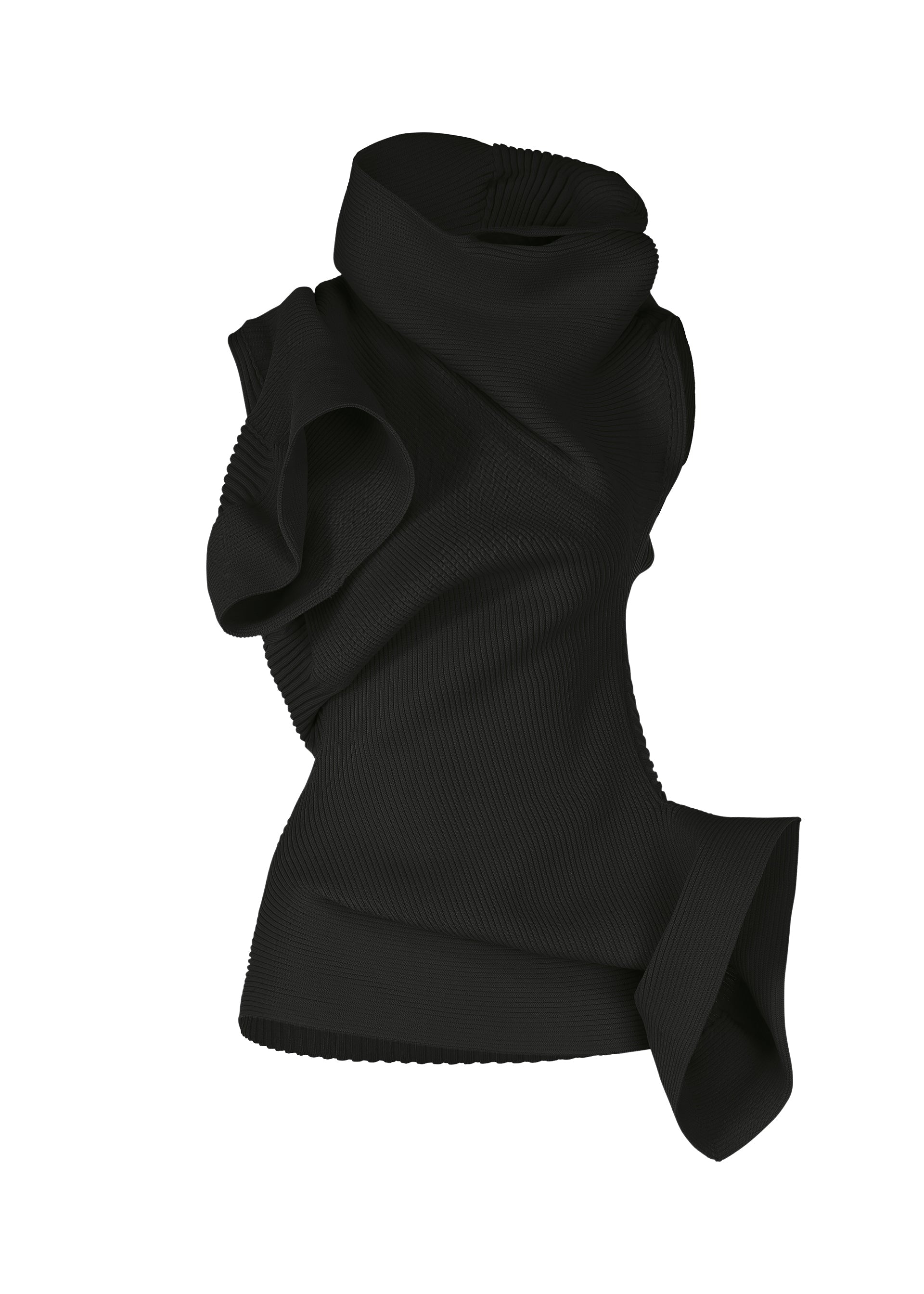 Zoomed view ISSEY MIYAKE's LIFE FORM is a black, sleeveless top with a high draped neckline and dramatic asymmetrical ruffles in recycled polyester, featuring textured fabric for an avant-garde silhouette. - BLACK （no.15）