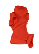 The LIFE FORM top by ISSEY MIYAKE is a sleeveless, bright orange piece with textured, pleated recycled polyester. Artistic folds and an asymmetrical high collar shape its sculptural, modern silhouette. - MACAW RED （no.28）