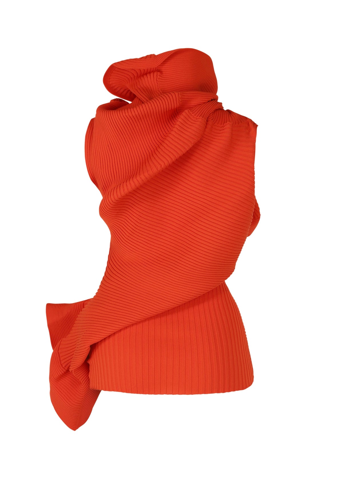 The LIFE FORM tunic by ISSEY MIYAKE is a sculptural, sleeveless orange ribbed knit with dramatic layered folds and draped fabric, creating an abstract, organic silhouette against a white background. view 4 of 7
