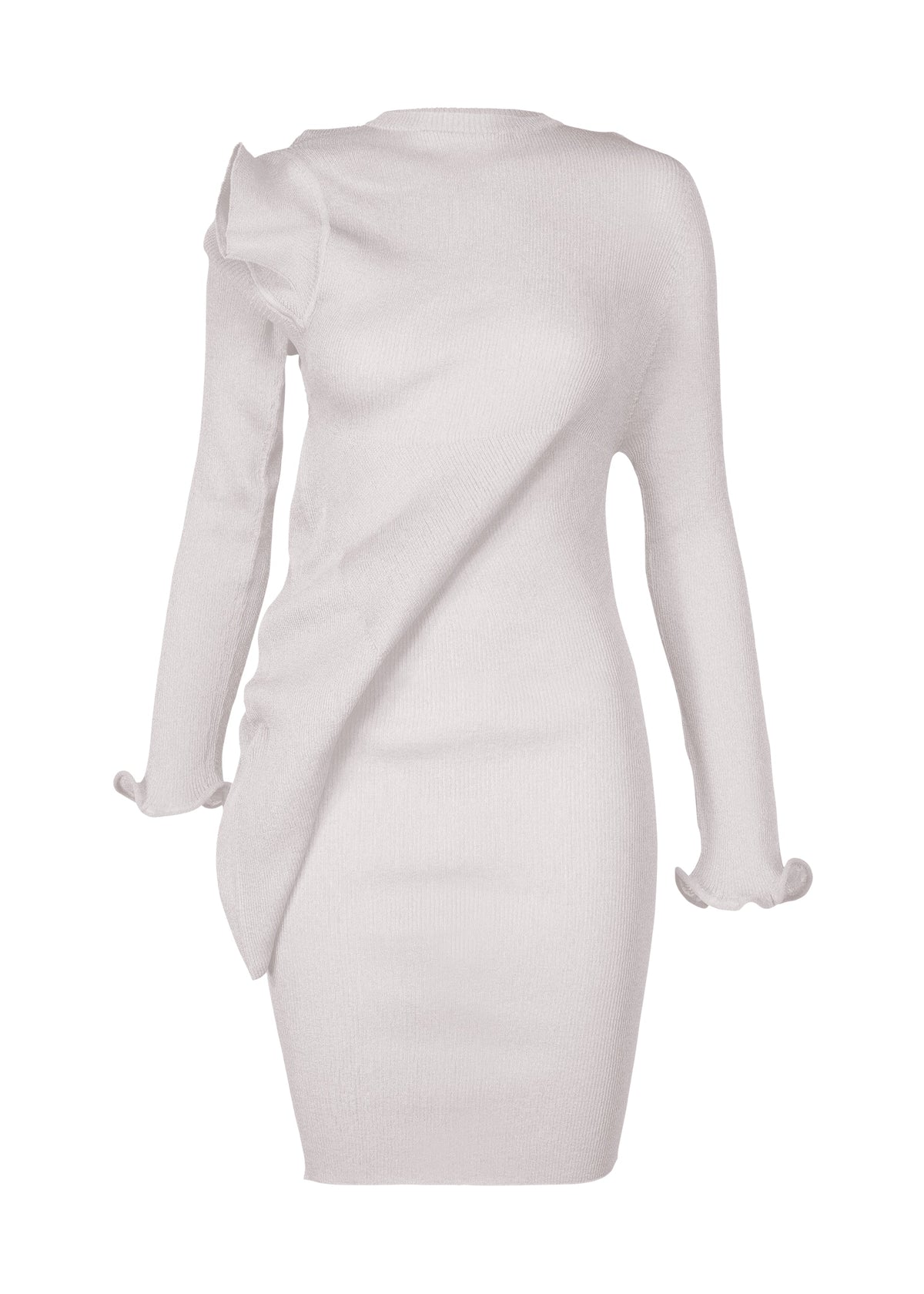 The ADVENTITIOUS: SLEEVES by ISSEY MIYAKE is a fitted, long-sleeve white dress with an asymmetrical design; one sleeve features a ruffled shoulder and both cuffs have subtle ruffle details for versatile style. view 1 of 9