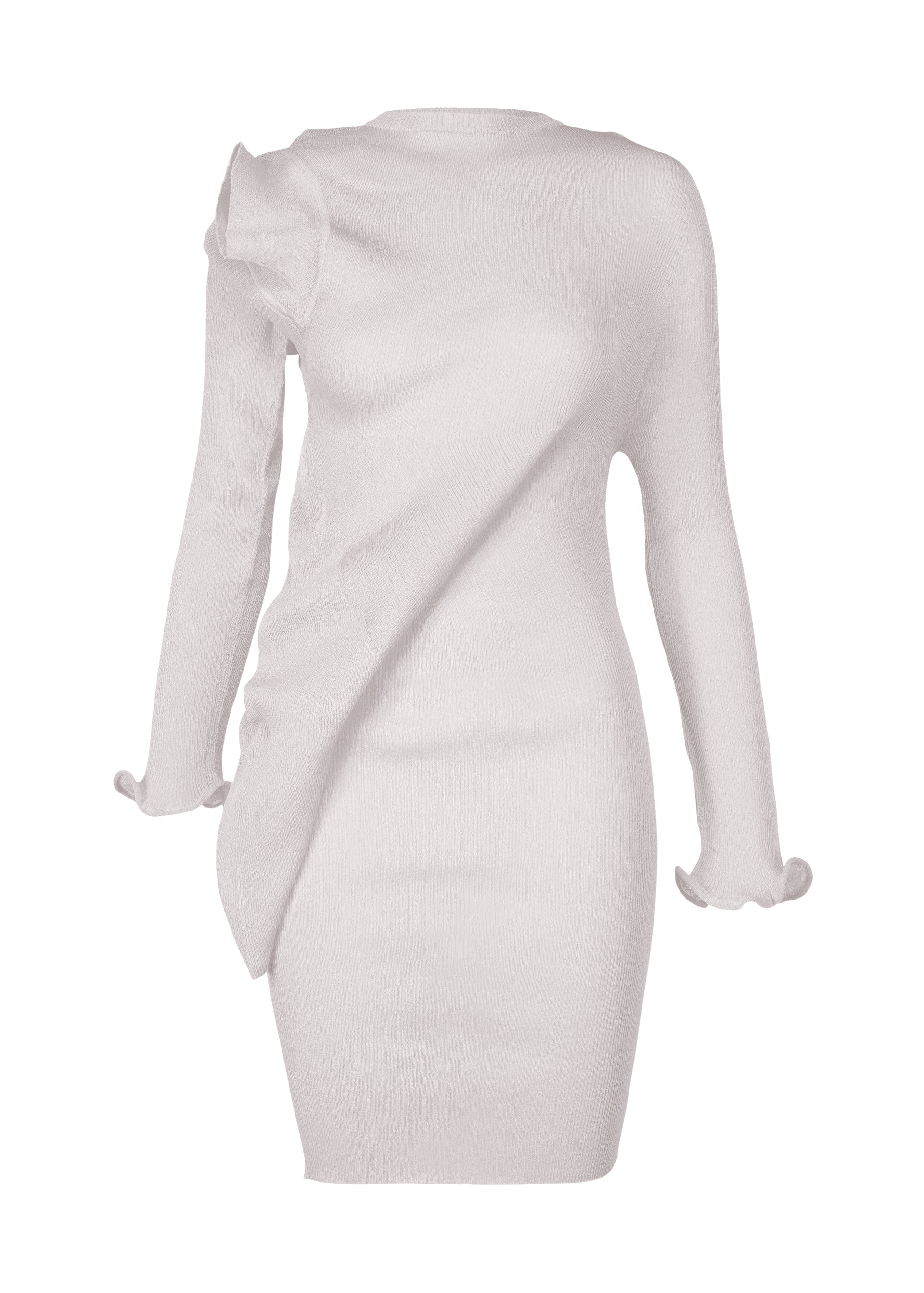 Zoomed view The ADVENTITIOUS: SLEEVES by ISSEY MIYAKE is a fitted, long-sleeve white dress with an asymmetrical design; one sleeve features a ruffled shoulder and both cuffs have subtle ruffle details for versatile style. - LIGHT GRAY （no.11）