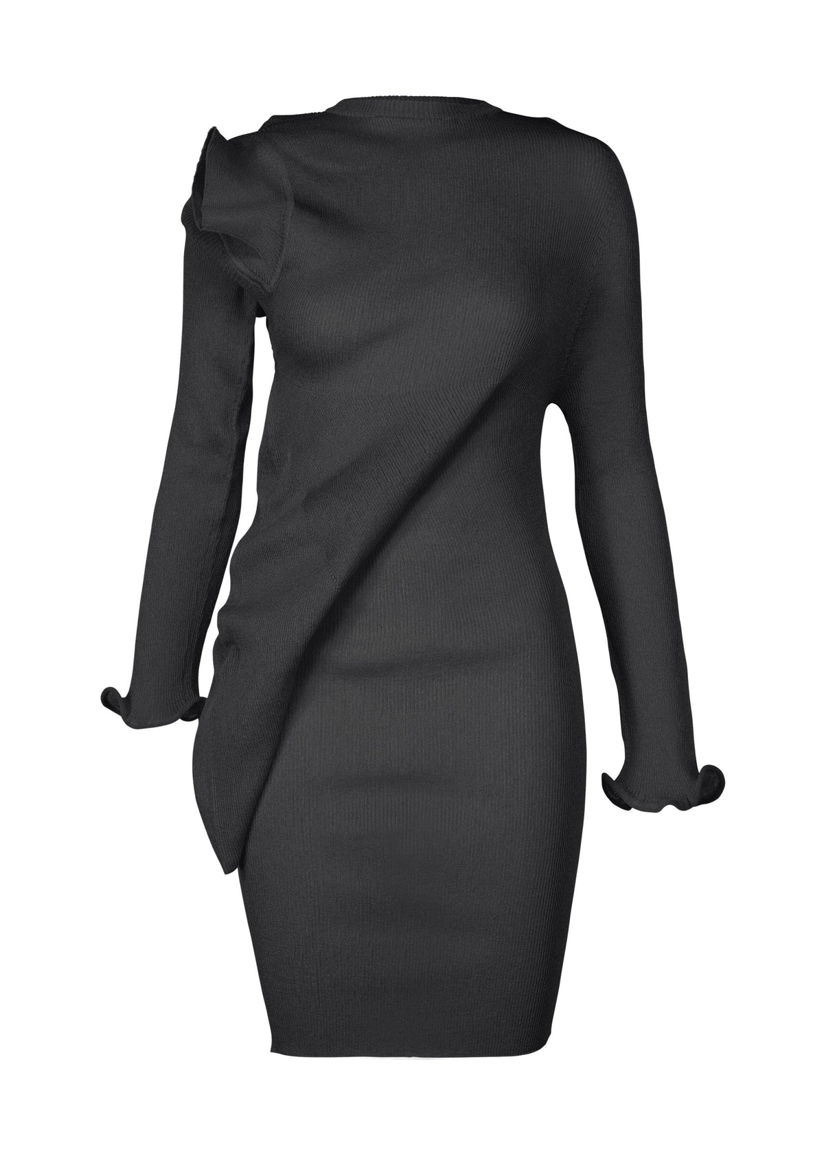 The ADVENTITIOUS：SLEEVES tunic dress by ISSEY MIYAKE is a black, long-sleeved knit with asymmetric ruffle detail on one shoulder and sleeve, crafted in ribbed texture and shown on a plain white background. view 2 of 9