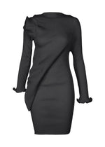 The ADVENTITIOUS：SLEEVES tunic dress by ISSEY MIYAKE is a black, long-sleeved knit with asymmetric ruffle detail on one shoulder and sleeve, crafted in ribbed texture and shown on a plain white background. - CHARCOAL （no.14）