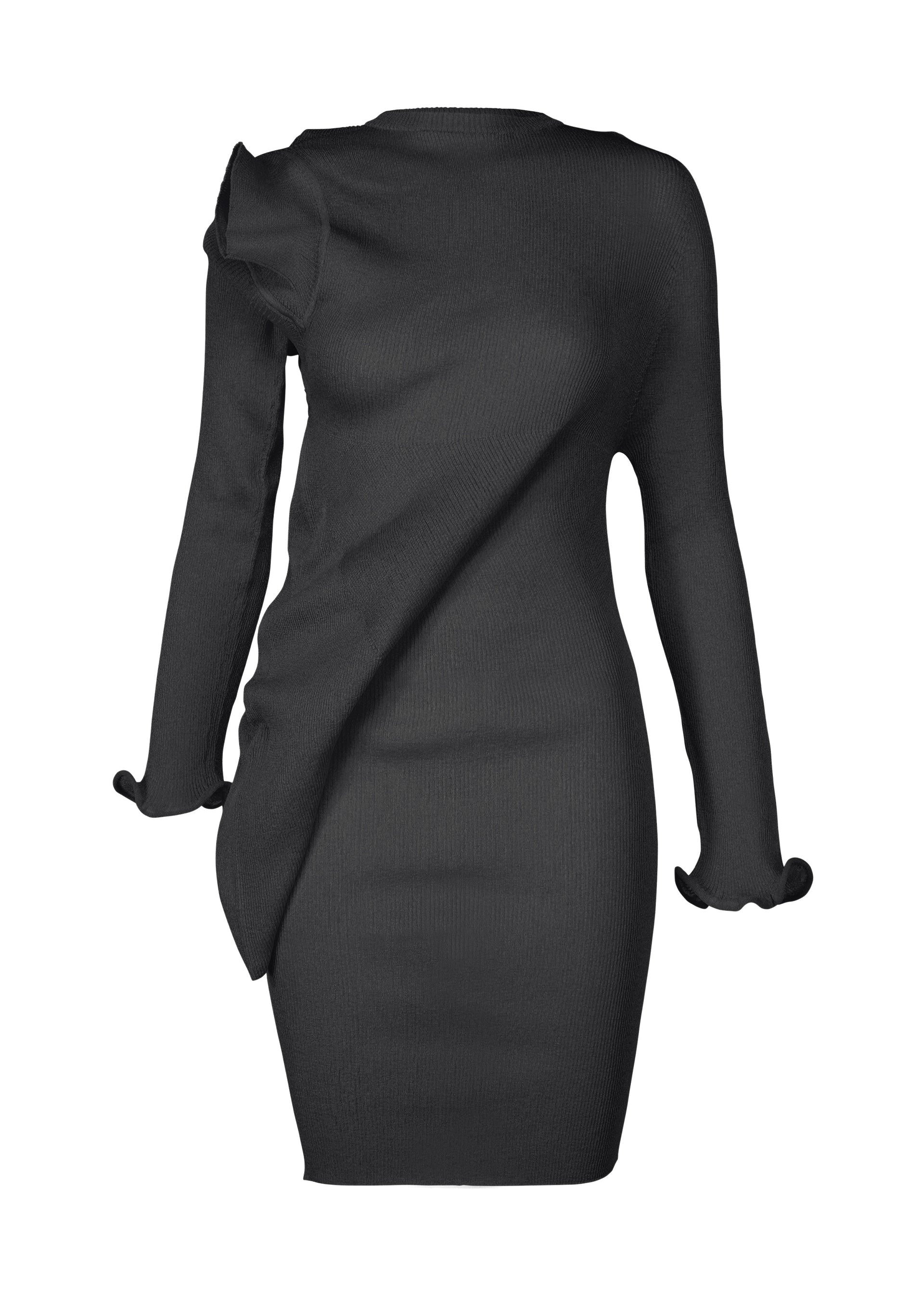 Zoomed view The ADVENTITIOUS：SLEEVES tunic dress by ISSEY MIYAKE is a black, long-sleeved knit with asymmetric ruffle detail on one shoulder and sleeve, crafted in ribbed texture and shown on a plain white background. - CHARCOAL （no.14）