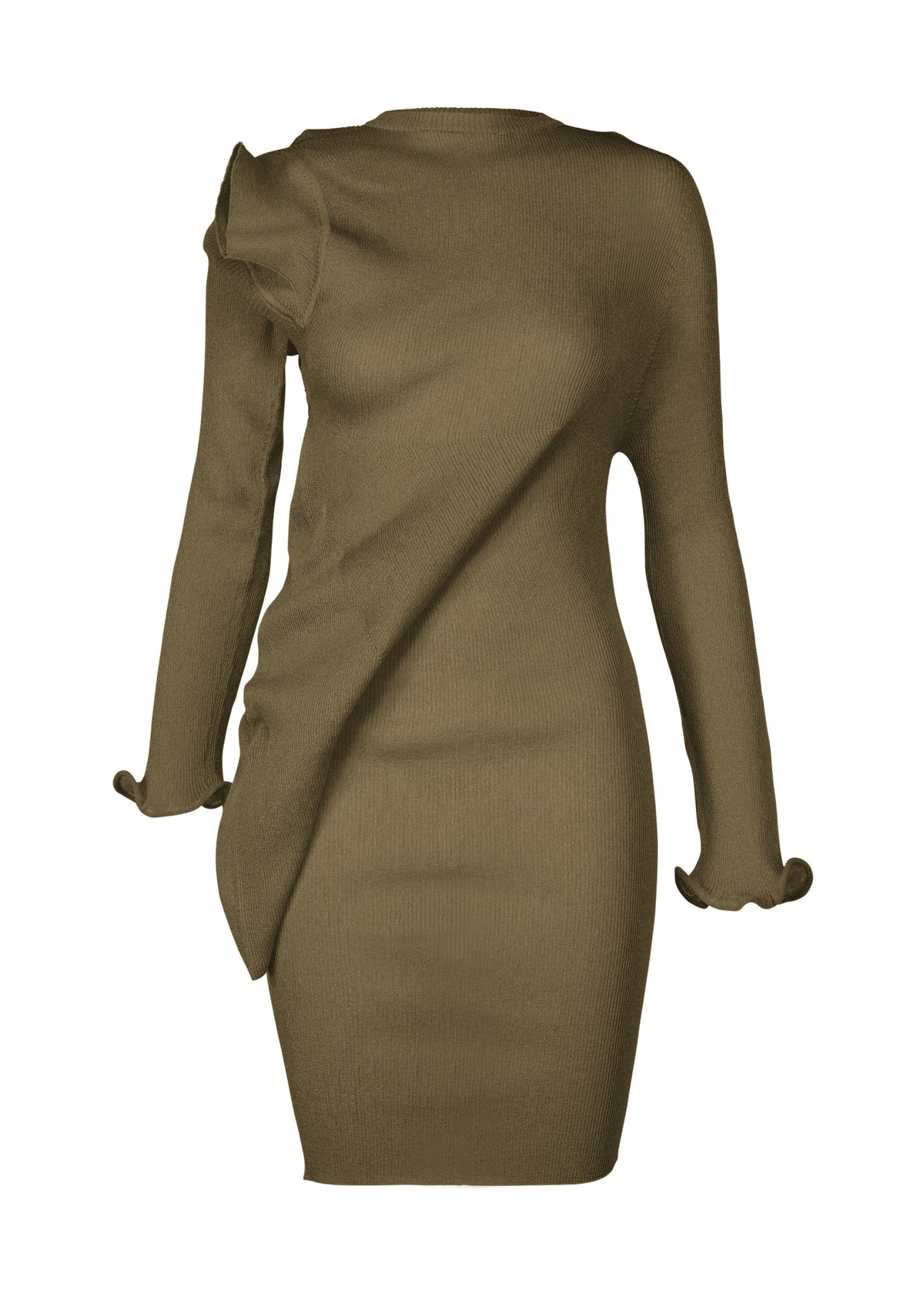 The ADVENTITIOUS：SLEEVES dress by ISSEY MIYAKE is an olive green, long-sleeve knit tunic with asymmetrical ruffle accents and a fitted silhouette—featuring ruffled cuffs and versatile style for any occasion. view 4 of 9