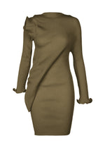 The ADVENTITIOUS：SLEEVES dress by ISSEY MIYAKE is an olive green, long-sleeve knit tunic with asymmetrical ruffle accents and a fitted silhouette—featuring ruffled cuffs and versatile style for any occasion. - KHAKI （no.65）