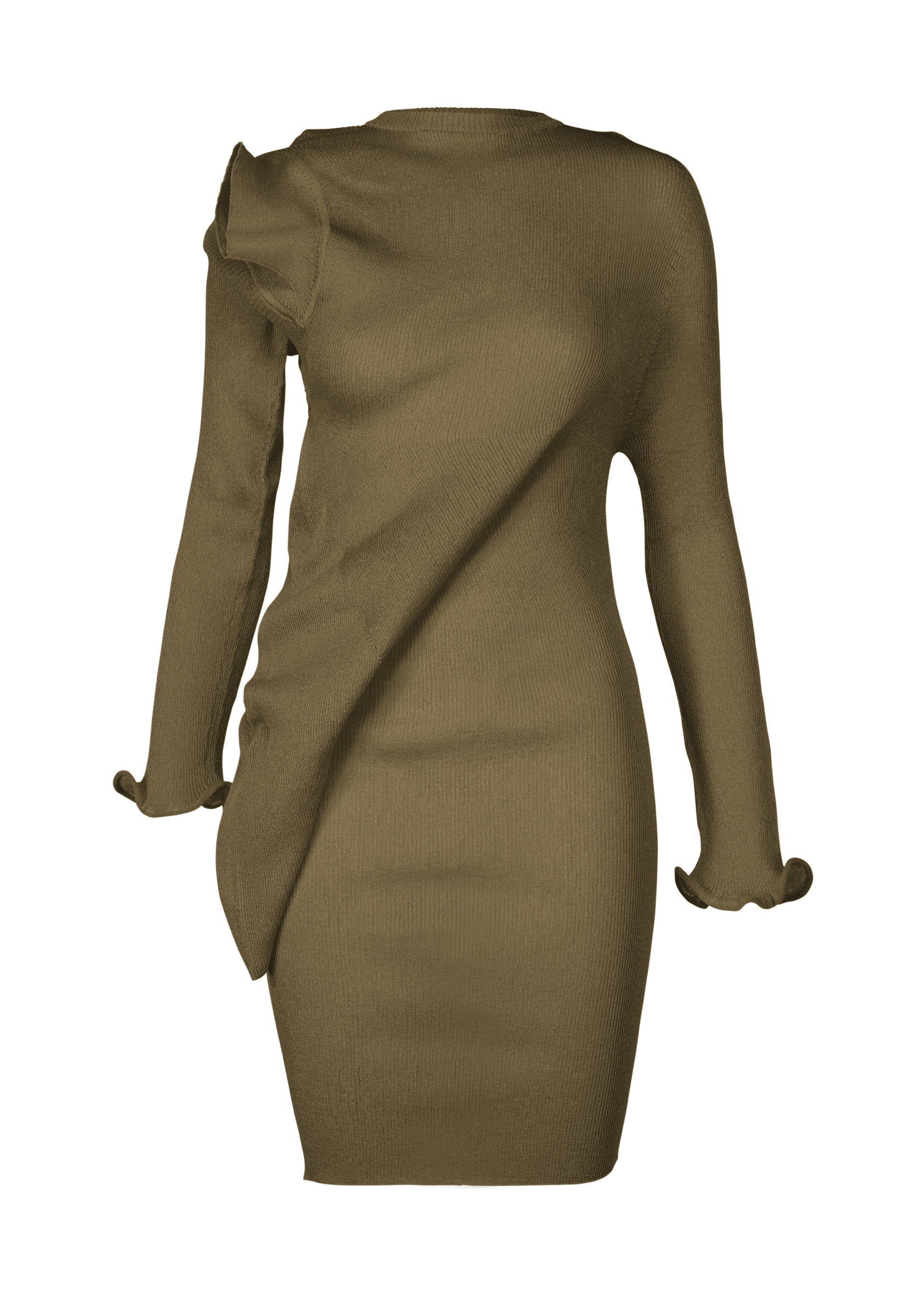 Zoomed view The ADVENTITIOUS：SLEEVES dress by ISSEY MIYAKE is an olive green, long-sleeve knit tunic with asymmetrical ruffle accents and a fitted silhouette—featuring ruffled cuffs and versatile style for any occasion. - KHAKI （no.65）