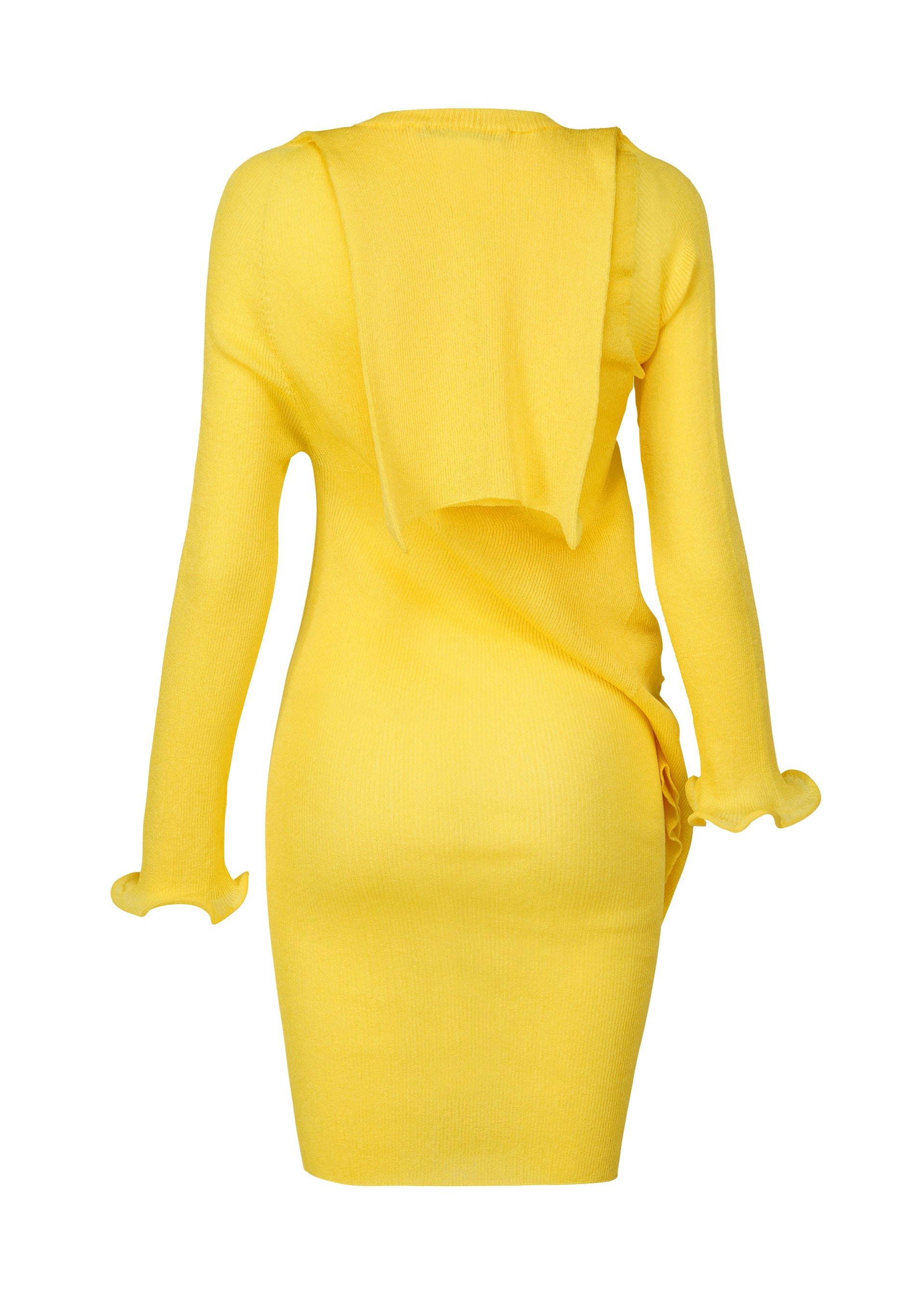 Zoomed view The ADVENTITIOUS: SLEEVES dress by ISSEY MIYAKE is a bright yellow long-sleeve knit featuring a fitted silhouette, rippled hemmed sleeves, and asymmetrical fabric detail crafted with a non-sewn knitting technique for versatile styling.