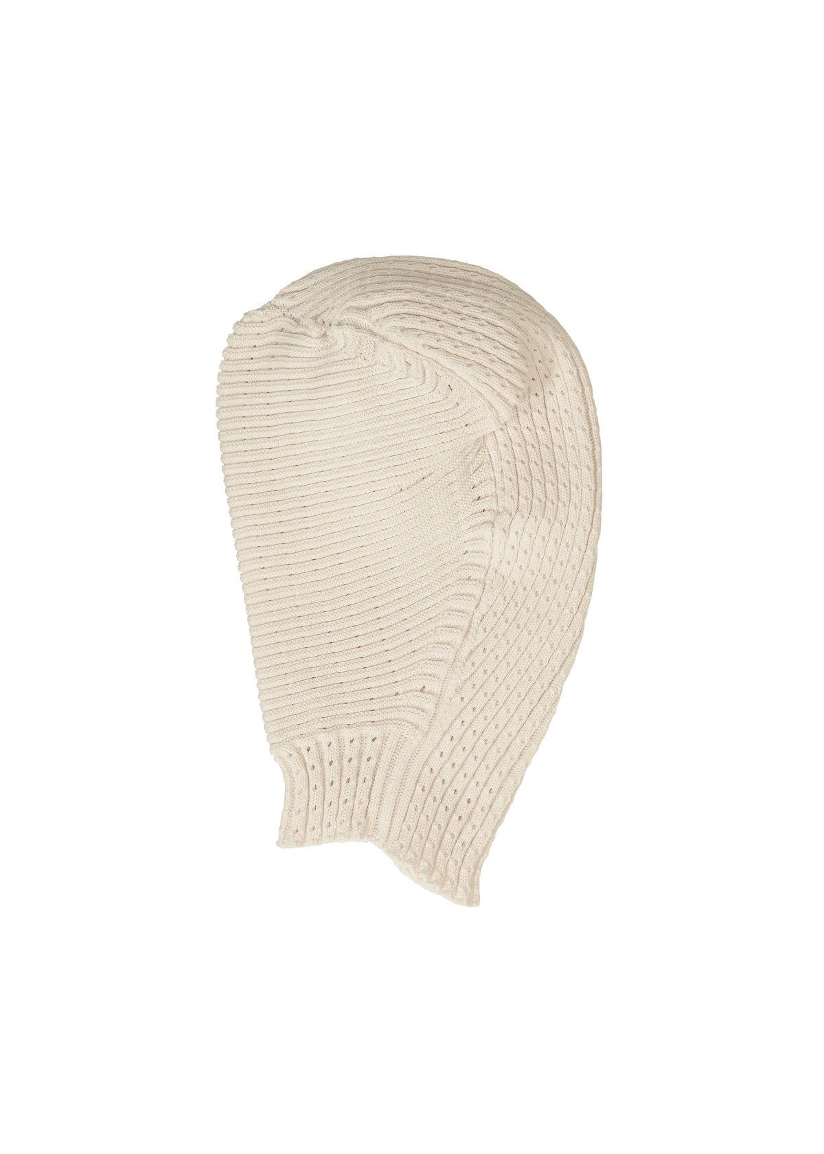 The FOUND STONE BEANIE by ISSEY MIYAKE is a cream-colored, ribbed knit balaclava with a textured pattern, shown from the side against a white background. view 1 of 5